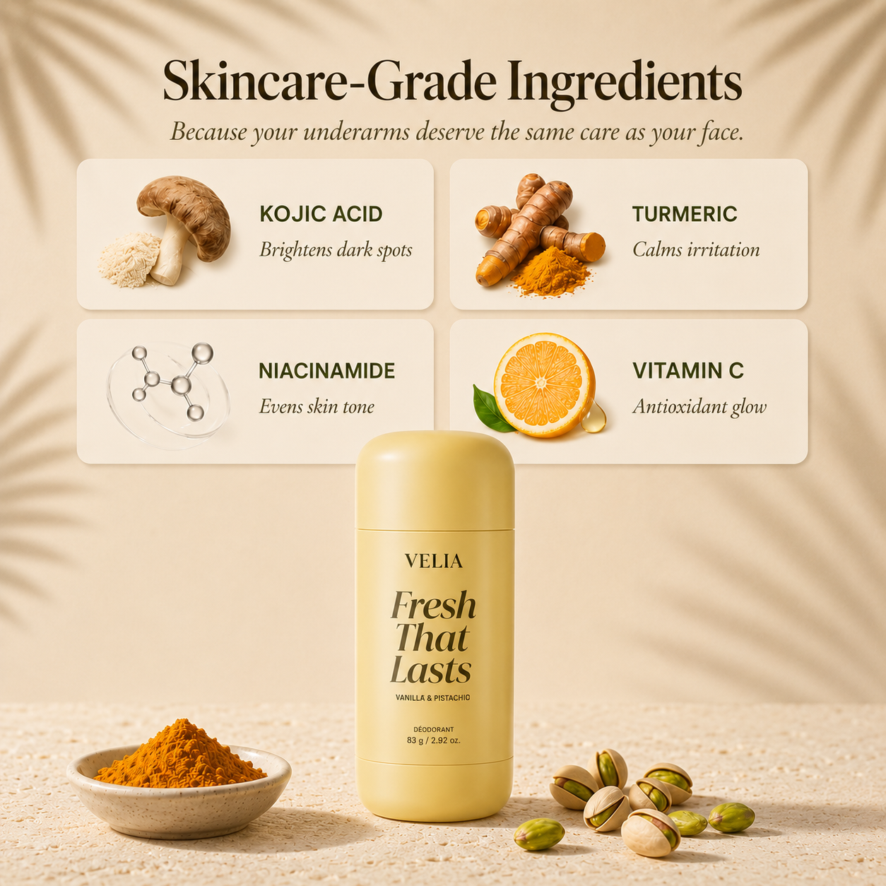 Kojic acid, turmeric, niacinamide and vitamin C — the VELIA actives