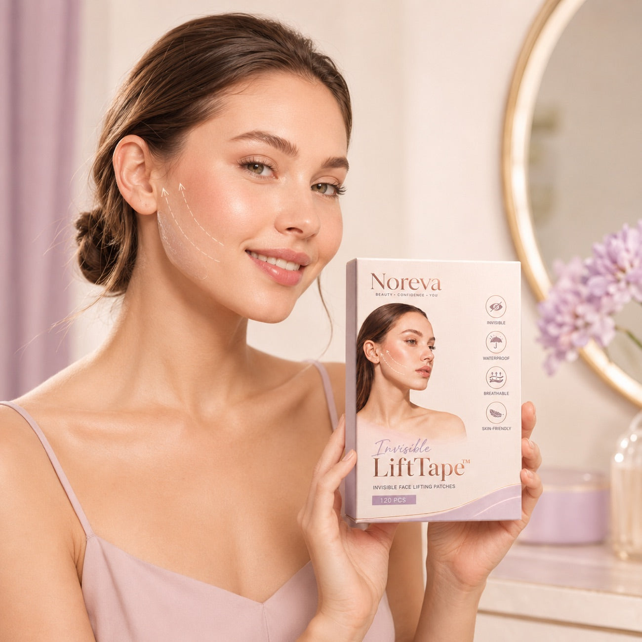 Woman applying Invisible LiftTape for a lifted jawline